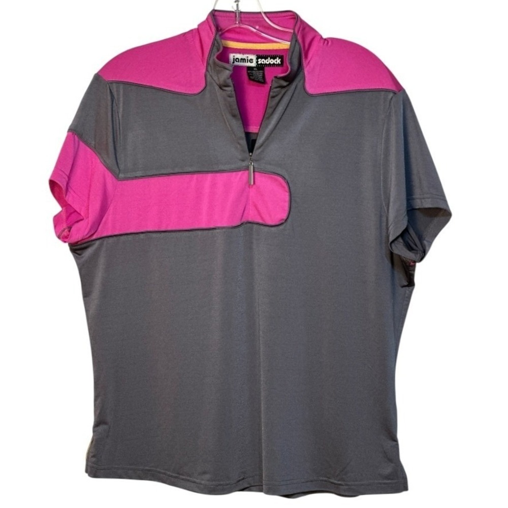 Jamie Sadock Golf Top Women Grey Pink Short Sleeve Quarter Zip Barbiecore XL